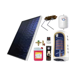 KIT S26 cu panou solar plan 1.8 mp BlauTech boiler termoelectric 150 L cu 2 serpentine ModEco TESY grup pompare Pumpfix SOLAR EASY controler solar TECH EU-21ND3 vas expansiune lichid solar si set fixare