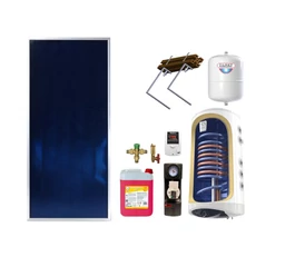 Pachet solar apă caldă KIT S26, panou plan 2 mp BlauTech Plus, boiler 150L cu 2 serpentine TESY, grup pompare HERZ, controler TECH