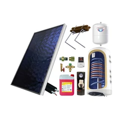 KIT S2 cu panou solar plan 1.8 mp BlauTech boiler termoelectric 150 L cu 2 serpentine ModEco TESY grup pompare Pumpfix SOLAR EASY controler solar TECH EU-21ND3 vas expansiune tuburi inox si set fixare