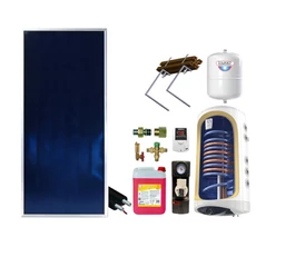 Pachet sistem solar apă caldă KIT S2, panou plan 2 mp BlauTech Plus, boiler 2 serpentine 150 L TESY, grup pompare Pumpfix, controler EU-21ND3, vas expansiune, tub, set fixare