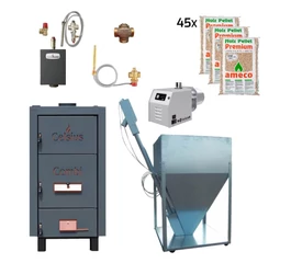 Pachet de incalzire cu cazan combi lemn si peleti 25-29 kW CELSIUS + 675 kg