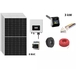 Pachet fotovoltaic 3 kW cu panou solar fotovoltaic 375 W LR4-60HPH-375M LONGi invertor 3 kW SUN-3K-G DEYE contor de energie myPV rezistenta electrica 3500 W ACM AC ELWA-2 myPV cabluri si accesorii