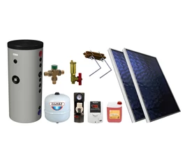 KIT S27 cu 2 panouri solare plane 1.8 mp BlauTech boiler indirect 200 l cu 2 serpentine Hajdu Aquastic grup pompare Pumpfix SOLAR EASY controler solar TECH EU-21ND3 vas expansiune lichid solar si set fixare