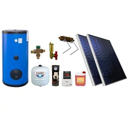 Pachet solar KIT S28 cu 2 panouri solare plane 1.8 mp BlauTech boiler indirect 200 l cu 2 serpentine HeizTech grup pompare Pumpfix SOLAR EASY controler solar TECH EU-21ND3 vas expansiune lichid solar si set fixare