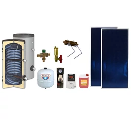 Pachet solar KIT S28, 2 panouri plane 2 mp BlauTech Plus, boiler indirect 200 l HeizTech, grup pompare, controler TECH, vas expansiune, lichid solar, set fixare