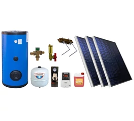 KIT S30 cu 3 panouri solare plane 1.8 mp BlauTech boiler indirect 300 l cu 2 serpentine HeizTech grup pompare Pumpfix SOLAR EASY controler solar TECH EU-21ND3 vas expansiune lichid solar si set fixare