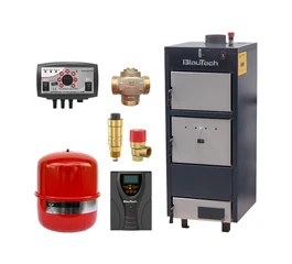 Pachet incalzire Standard cu cazan pe lemne din tabla de otel 18 kW BlauTech, sursa neintreruptibila 300 W BlauTech, elemente de siguranta, vas expansiune, controler pompa TECH EU-19