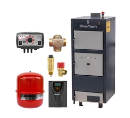 Pachet incalzire Standard cu cazan pe lemne din tabla de otel 28 kW BlauTech sursa neintreruptibila 300 W BlauTech elemente de siguranta vas expansiune controler pompa TECH EU-19