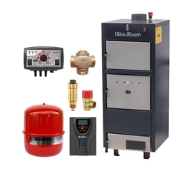 Pachet incalzire Standard cu cazan pe lemne din tabla de otel 37 kW BlauTech, sursa neintreruptibila 300 W BlauTech, elemente de siguranta, vas expansiune, controler pompa TECH EU-19
