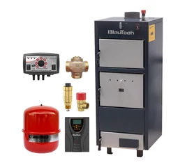 Pachet incalzire Standard cu cazan pe lemne din tabla de otel 47 kW BlauTech, sursa neintreruptibila 300 W BlauTech, elemente de siguranta, vas expansiune, controler pompa TECH EU-19