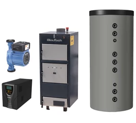 Pachet încălzire cu cazan pe lemne din tablă de oțel 28 kW BlauTech, pompa de circulație 25-40 180 mm, sursa neîntreruptibilă 300 W, rezervor de acumulare 1000 l, izolație termică 110 mm, BlauTech