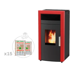 Termosemineu pe peleti, tip centrala, din otel, Alfa Plam, Commo, 15 kW, rosu, autonomie 21 ore