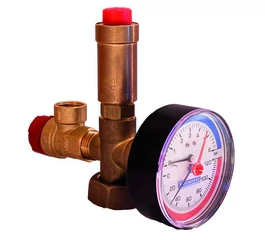 Grup de siguranță pentru cazan pe combustibil solid, 2,5 bar, racord 1/2'', cu aerisitor automat FLAMCO Flexvent 89000, supapă de siguranță FLAMCO Flopress 27006, termomanometru TECNOGAS R01571, corp HERZ 2440111 + piuliță olandeză HERZ 2230855