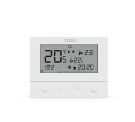 Termostat de cameră cu radiofrecvență 868 MHz pentru centrală/încălzire-răcire, TECH EU-292 v2, cu receptor, alimentare 2xAA, interval 5–35°C, iluminare temporară, contact liber de potențial