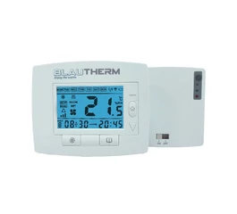 Termostat digital programabil de cameră cu radiofrecvență, BLAUTHERM, rază 100 m fără obstacole / 50 m interior, alimentare termostat 2 x baterii AAA, receptor 220V, afișaj iluminat, setare 5–45°C