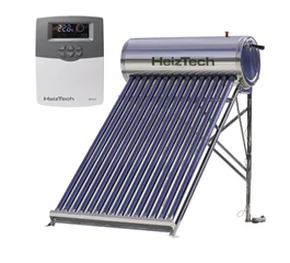 Panou solar 150 litri automatizat nepresurizat cu 15 tuburi vidate rezervor si suport otel inoxidabil pentru preparare apa calda menajera controler SR501 HeizTech