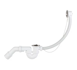 Sifon pentru cadă de baie STYRON, complet, cu dop Ø44 mm și lanț, flanșă de golire albă metalică, tub flexibil 500 mm, evacuare Ø40/Ø50 mm