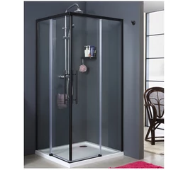 Cabină de duș pătrată din sticlă securizată 5 mm și aluminiu negru mat, 90 x 90 cm, GLADYS