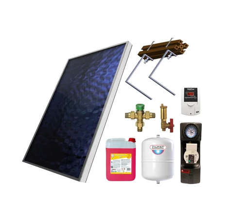 KIT S1 cu panou solar plan 1.8 mp BlauTech grup pompare Pumpfix SOLAR EASY controler solar TECH EU-21ND3 vas expansiune lichid solar si set fixare