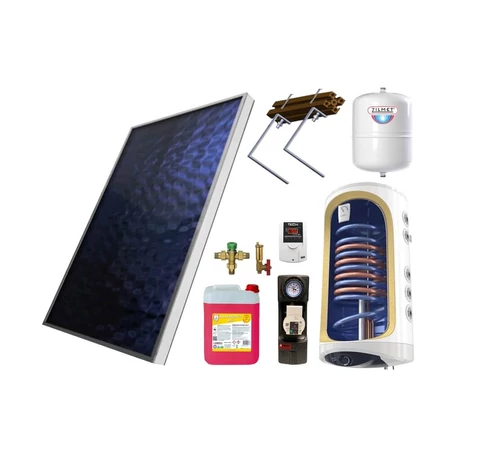 KIT S26 cu panou solar plan 1.8 mp BlauTech boiler termoelectric 150 L cu 2 serpentine ModEco TESY grup pompare Pumpfix SOLAR EASY controler solar TECH EU-21ND3 vas expansiune lichid solar si set fixare