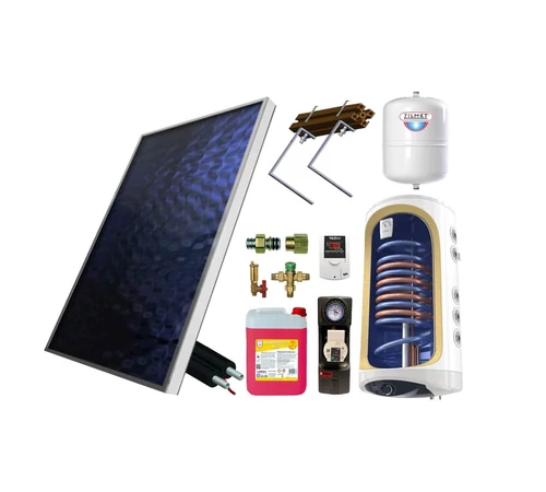 KIT S2 cu panou solar plan 1.8 mp BlauTech boiler termoelectric 150 L cu 2 serpentine ModEco TESY grup pompare Pumpfix SOLAR EASY controler solar TECH EU-21ND3 vas expansiune tuburi inox si set fixare