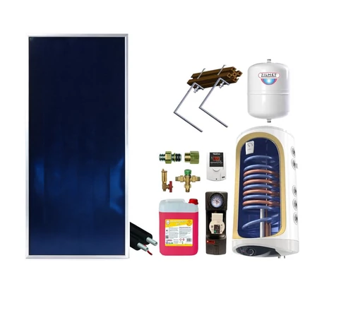Pachet sistem solar apă caldă KIT S2, panou plan 2 mp BlauTech Plus, boiler 2 serpentine 150 L TESY, grup pompare Pumpfix, controler EU-21ND3, vas expansiune, tub, set fixare