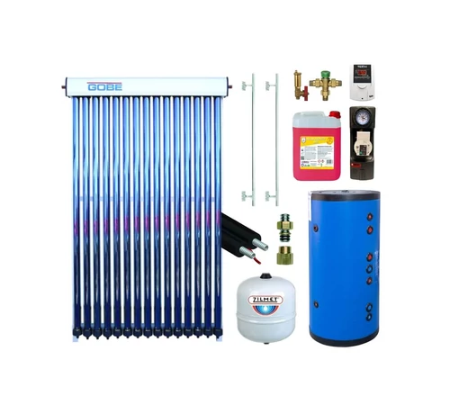 Pachet solar KIT S5 cu colector solar 20 tuburi GOBE boiler 200 l 2 serpentine HeizTech grup pompare Pumpfix SOLAR EASY controler solar TECH EU-21ND3 tub inox vas expansiune set fixare si lichid solar