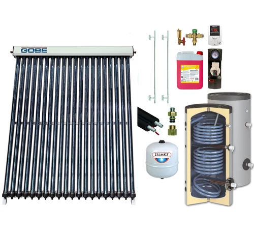 Pachet solar KIT S5 cu colector solar 20 tuburi GOBE Plus, boiler 200 l 2 serpentine HeizTech, grup pompare Pumpfix, controler solar TECH, tub inox, vas expansiune, set fixare si lichid solar