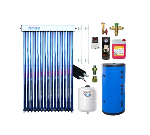 KIT S8 cu colector solar 30 tuburi GOBE boiler cu 2 serpentine 300 l HeizTech grup pompare Pumpfix SOLAR EASY controler solar simplu TECH EU-21ND3 lichid solar vas expansiune set fixare ventil termostatic