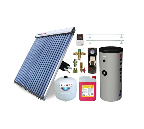 KIT S11 cu colector solar 20 tuburi BlauTech-SOLAR boiler indirect cu 2 serpentine Hajdu Aquastic 200 l grup pompare Pumpfix SOLAR EASY controler solar TECH EU-21ND3 vas expansiune set fixare si tub inox