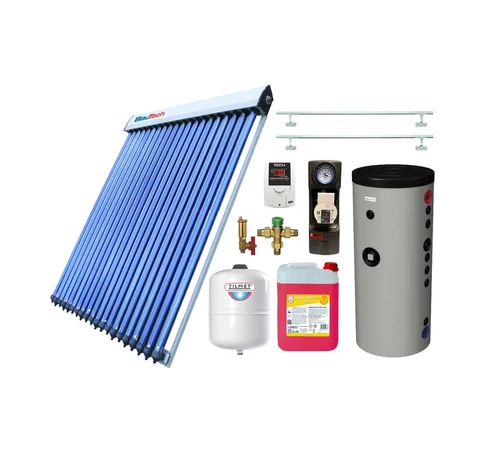 KIT S13 cu colector solar 30 tuburi BlauTech-SOLAR boiler indirect cu 2 serpentine Hajdu Aquastic 300 l grup pompare Pumpfix SOLAR EASY controler solar TECH EU-21ND3 vas expansiune si set fixare