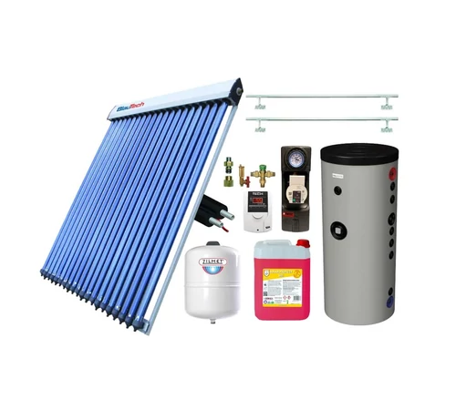 KIT S 14 cu colector solar 30 tuburi BlauTech-SOLAR boiler indirect cu 2 serpentine Hajdu Aquastic 300 l grup pompare Pumpfix SOLAR EASY controler solar TECH EU-21ND3 vas expansiune set fixare si tub inox