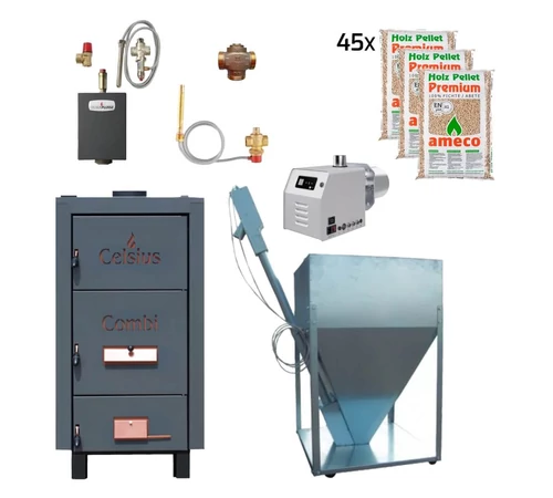 Pachet de incalzire cu cazan combi lemn si peleti 45-50 kW CELSIUS + 675 kg