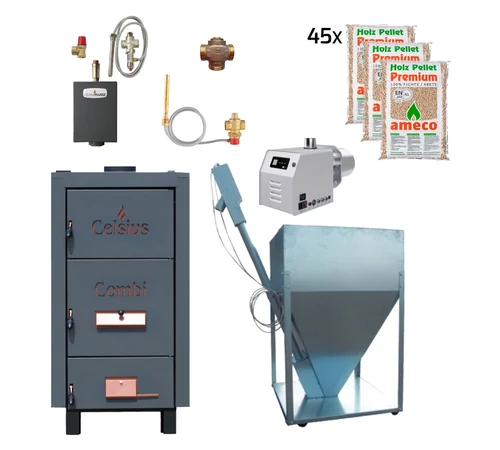 Pachet de incalzire cu cazan combi lemn si peleti 50-56 kW CELSIUS + 675 kg