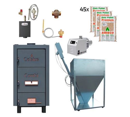 Pachet de incalzire cu cazan combi lemn si peleti 50-56 kW CELSIUS + 675 kg Pachet de incalzire cu cazan combi lemn si peleti 50-56 kW CELSIUS + 675 kg