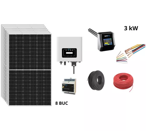 Pachet fotovoltaic 3 kW cu panou solar fotovoltaic 375 W LR4-60HPH-375M LONGi invertor 3 kW SUN-3K-G DEYE contor de energie myPV rezistenta electrica 3500 W ACM AC ELWA-2 myPV cabluri si accesorii