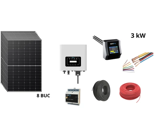 Pachet fotovoltaic 3.2 kW cu panou solar fotovoltaic 430 W LR5-54HTH-430M LONGi invertor 3 kW SUN-3K-G DEYE contor de energie myPV rezistenta electrica 3500 W ACM AC ELWA-2 myPV cabluri si accesorii