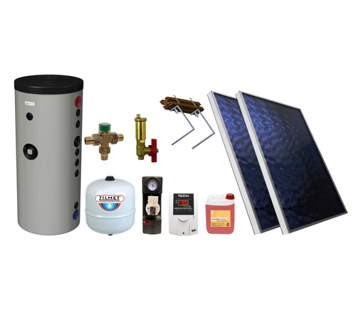 Pachet solar KIT S27 cu 2 panouri solare plane 1.8 mp BlauTech boiler indirect 200 l cu 2 serpentine Hajdu Aquastic grup pompare Pumpfix SOLAR EASY controler solar TECH EU-21ND3 vas expansiune lichid solar si set fixare