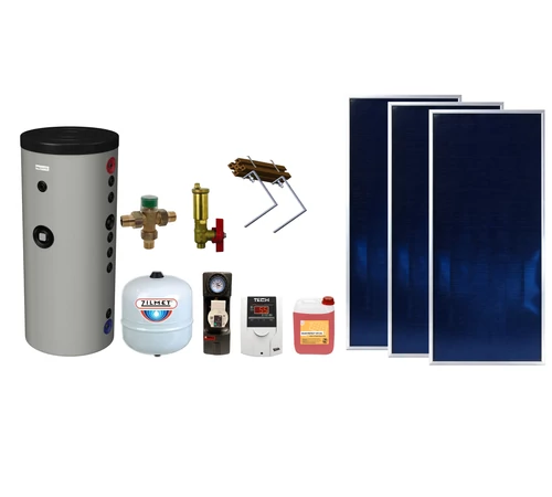 Pachet solar KIT S29, 3 panouri plane 2 mp BlauTech Plus, boiler indirect Hajdu 300l, grup pompare Pumpfix, controler solar TECH, vas expansiune, lichid solar, set fixare