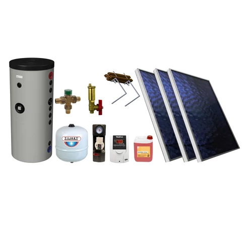 KIT S29 cu 3 panouri solare plane 1.8 mp BlauTech boiler indirect 300 l cu 2 serpentine Hajdu Aquastic grup pompare Pumpfix SOLAR EASY controler solar TECH EU-21ND3 vas expansiune lichid solar si set fixare