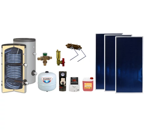 Pachet solar KIT S30, 3 panouri plane 2 mp BlauTech Plus, boiler indirect 300 l HeizTech, grup pompare Pumpfix, controler TECH, vas expansiune, lichid solar si set fixare