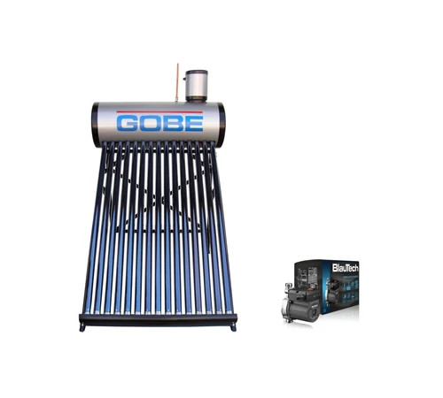 KIT S35 cu panou solar cu 20 tuburi pentru preparare apa calda menajera rezervor nepresurizat 200 l GOBE + pompa ridicare presiune pentru panouri solare nepresurizate corp din inox BlauTech