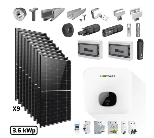 Pachet fotovoltaic monofazat 3.6 kW cu panou solar fotovoltaic 415 W LR5-54HPH-415M LONGi invertor solar hybrid 3.6 kW MIN 3600TL-XH Growatt si senzor de putere Smart Meter 5A ~ 60A SPM-C Growatt