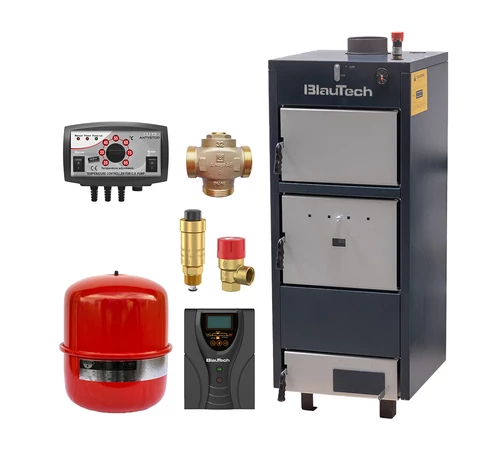 Pachet incalzire Standard cu cazan pe lemne din tabla de otel 37 kW BlauTech, sursa neintreruptibila 300 W BlauTech, elemente de siguranta, vas expansiune, controler pompa TECH EU-19