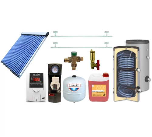 Pachet solar cu colector solar 30 tuburi BlauTech-SOLAR, boiler indirect cu 2 serpentine HeizTech, 300 l, grup pompare Pumpfix SOLAR EASY, controler solar TECH EU-21ND3, vas expansiune, set fixare și accesorii