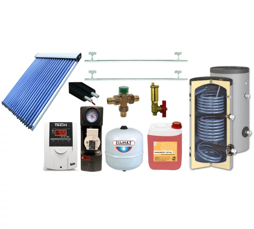 Pachet solar cu colector solar 30 tuburi BlauTech-SOLAR, boiler indirect cu 2 serpentine HeizTech, 300 l, grup pompare Pumpfix SOLAR EASY, controler solar TECH EU-21ND3, vas expansiune, set fixare, tub inox 10 m și accesorii