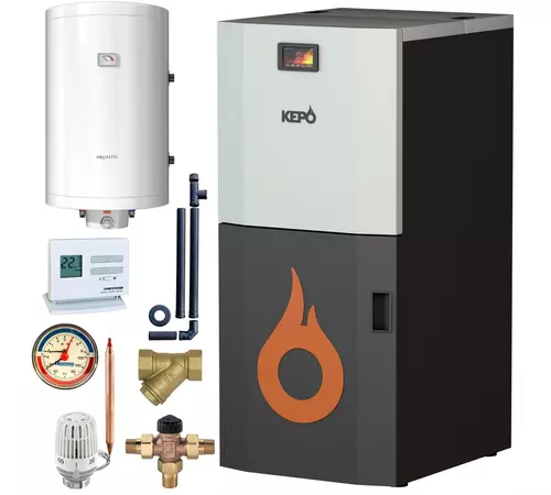 Pachet incalzire PREMIUM cu cazan pe peleti cu curatarea automata a arzatorului 20 kW KEPO cu KIT de instalare si boiler termoelectric