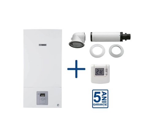 Pachet centrala termica pe gaz, cu condensare, Bosch Condens 2500 W WBC28-1DCE, 24 kW, cu kit evacuare, + extragarantie 2 ani, + termostat Honeywell