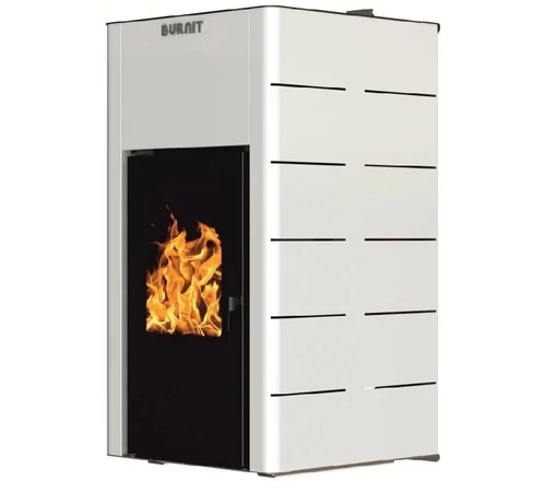 Termosemineu pe peleti, tip centrala termohidraulica, din otel SUNSYSTEM BURNiT CONCEPT NEW 25 kW, culoare alb (Swan White), echipat cu pompa de circulatie 25/6, vas de expansiune 8 litri si automatizare cu ecran tactil, clasa energetica A+