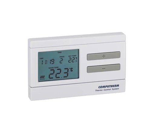 Termostat de cameră digital programabil cu radiofrecvență, fără fir, pentru centrală și climatizare, COMPUTHERM Q7RF, 868,35 MHz, rază 50 m, alimentare 2 x baterii AA, reglaj 5–40°C, precizie ±0,5°C, sensibilitate ±0,1/0,2/0,3°C, receptor 230V